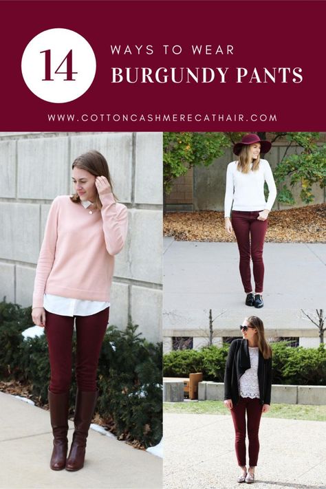 14 ways to wear burgundy pants in fall, winter, and spring | how to wear burgundy pants in all seasons | burgundy pants outfit inspiration Burgundy Jegging Outfit, Burgandy Pants Outfits Work Winter, Maroon Leggings Outfit Fall, Burgandy Pant Outfit, Outfit Burgundy Pants, Burgandy Pants Outfits Winter, Burgundy Jeans Outfit Winter, Burgundy Leggings Outfit Fall, Burgundy Jeans Outfit Women