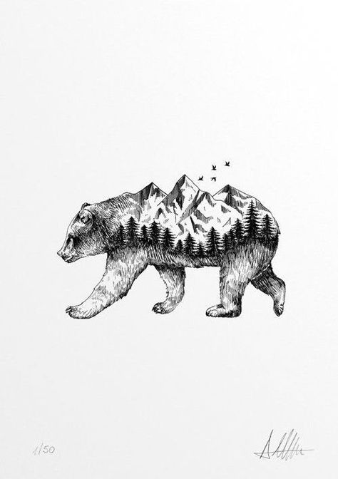 Animal Tattoo Designs For Men, Black Bear Head Tattoo, Bear And Forest Tattoo, Bear Woods Tattoo, Mountain Bear Tattoo, Bear Nature Tattoo, Bear Sketch Tattoo, Bear Forest Tattoo, Bear Mountain Tattoo