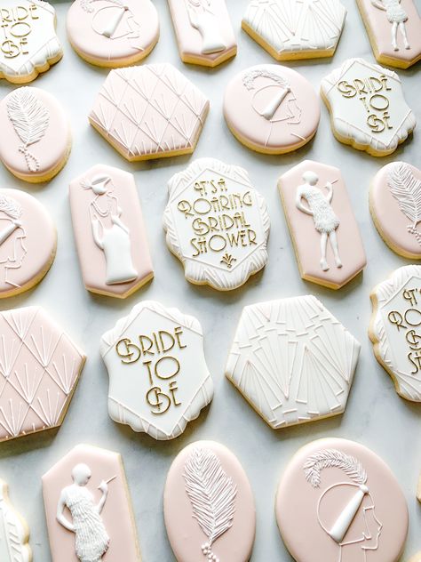 20s Bridal Shower Theme, Gatsby Bridal Shower Theme, Art Deco Cookies, 1920s Bridal Shower Ideas, Great Gatsby Bridal Shower Ideas, Art Deco Bridal Shower Ideas, Gatsby Bridal Shower Ideas, Disco Bridal Shower Cookies, Roaring 20s Bridal Shower Ideas