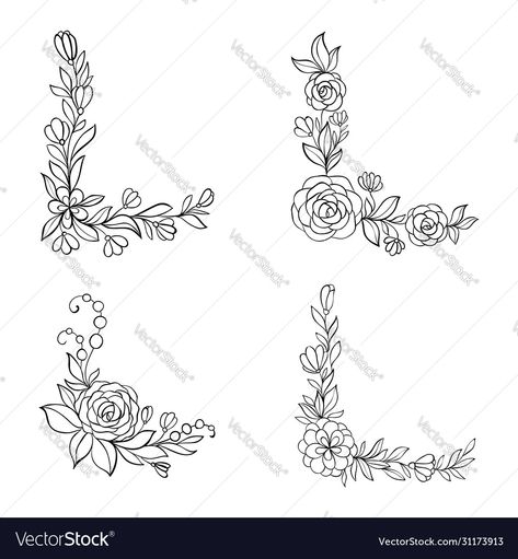 Corner Drawings Flower, Borders For Greeting Cards, Rose Border Design Drawing, Border Floral Design, Botanical Border Design, Corner Border Designs For Projects, Corner Design For Project, Side Design For Project, Corner Designs Drawing