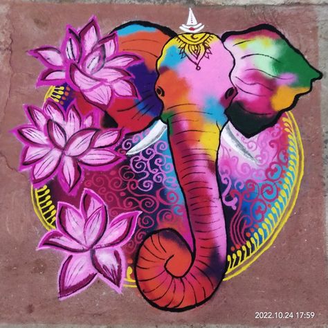 Rangoli On Indian Culture, Cake Rangoli, Sankranthi Muggulu Indian Rangoli Designs Latest, Ganesh Rangoli Creative, Best Rangoli Designs For Competition, Different Rangoli Designs, Beautiful Rangoli Designs Indian, Elephant Rangoli, Cartoon Rangoli