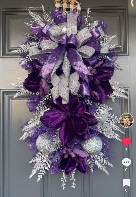 Wreaths & Bows : Inspiration and Ideas by Wreath & Bow Co | Beautiful Purple Christmas Wreath that I designed | Facebook Christmas Decor Purple And Silver, Purple Door Wreath, Christmas Tree Ideas Purple Silver, Christmas Wreath Purple, Purple Christmas Wreaths, Purple And Silver Christmas, Purple Wreaths, Purple Flower Wreath, 2024 Purple