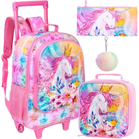 4PCS Kids Rolling Backpack for Girls, Unicorn Sequin Roller Wheeled Bookbag Toddler Elementary School Bag with Wheels : Amazon.ca: Clothing, Shoes & Accessories School Bags With Wheels, Kids Rolling Backpack, Sequin Backpack, Backpack With Wheels, Rolling Backpack, Kids' Bag, Backpack Material, Pink Backpack, Insulated Lunch Bags