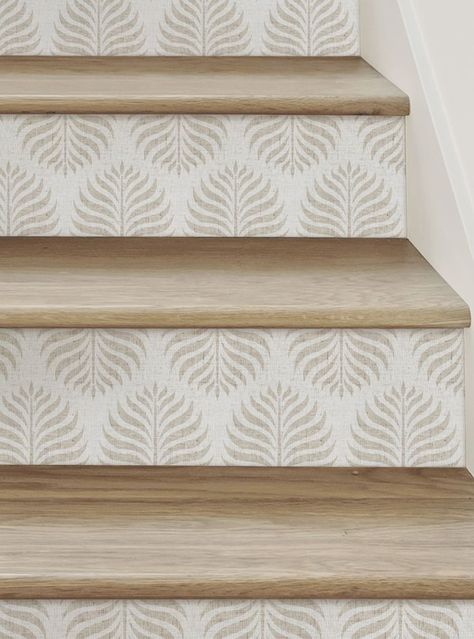 #renovation #diy #stairsmakeover #remodeling Stairs Makeover Ideas, Wallpaper Stairs, Gray Stairs, Stairs Renovation, Fern Wallpaper, Stair Riser Decals, Stairs Makeover, Stair Riser, Fern Pattern