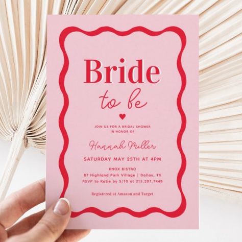 Retro Pink and Red Wavy Bride To Be Bridal Shower Invitation $3.08 by SweetRainDesign Retro Bridal Showers, Modern Bridal Shower Invitations, Retro Wedding Invitations, Bridal Shower Bingo, Retro Bridal, Bridal Shower Inspo, Bride Shower, Modern Bridal Shower, Pink Bridal Shower