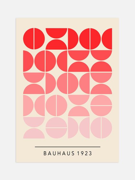 This minimal Bauhaus poster features a geometric design with red fading to pink semi circles paired with modern typography, providing a contemporary addition to any home interior. With its minimalist colour palette and classic Bauhaus aesthetic, this poster is an eye-catching addition to any living space. Red And Pink Illustration, Pink And Red Colour Palette, Red Poster Design, Modernism Interior Design, Pink And Red Color Palette, Poster Design Minimalist, Modernism Interior, Bauhaus Graphic Design, Bauhaus Aesthetic