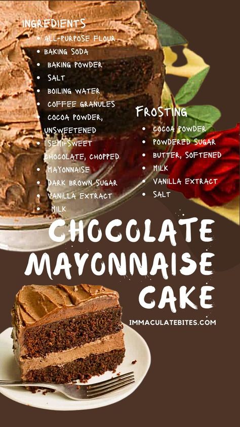 This Chocolate Mayonnaise Cake is my twist on a vintage recipe that has stuck around for decades because it’s just that good. baking | desserts | snacks | dairy | easy meals Chocolate Mayonnaise Cake 1950s, Chicolate Cake, Milk Chocolate Cake, Mayonnaise Cake, Chocolate Mayonnaise Cake, Mayonnaise Recipe, Buttercream Cake Decorating, Desserts Snacks, Baking Desserts