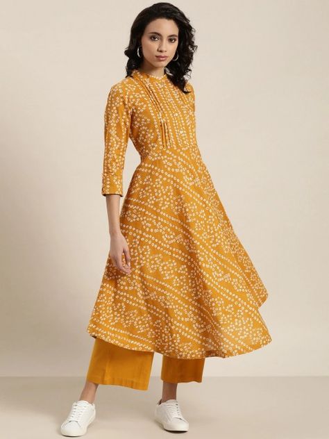 Yellow Bandhani Kurti, Cotton Anarkali Kurta, Eid Outfit Ideas, Yellow Kurti, Cotton Anarkali, Eid Outfit, Long Frock, Anarkali Kurta, Long Frocks