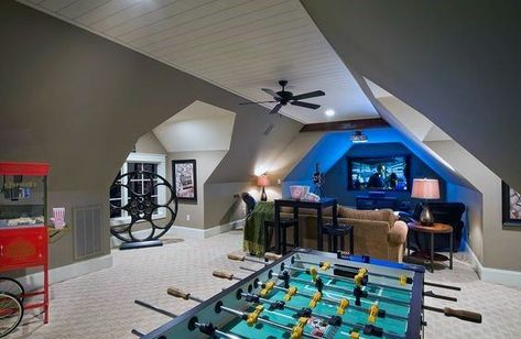 Attic Game Room, Bonus Room Decorating, Bonus Room Bedroom, Bonus Room Design, Room Above Garage, Bonus Room Ideas, Theater Room Design, Hangout Room, Attic Design