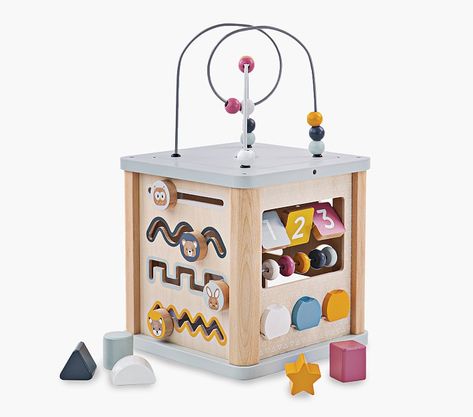 Bigjigs Activity Cube | Pottery Barn Kids Activity Cube Baby, Educational Play, Play Cube, Activity Cube, Social Communication, Fao Schwarz, Wooden Baby Toys, Numeracy, Activity Toys