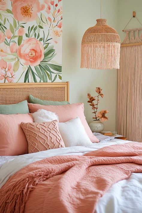 50+ Pink And Sage Bedroom Ideas Where Soft Meets Serene Sage Bedroom Ideas, Colorful Boho Bedroom, Sage Bedroom, Flower Bedroom, Mixing Colors, Dreamy Bedrooms, Happy Dance, Pink Boho, Boho Bedroom