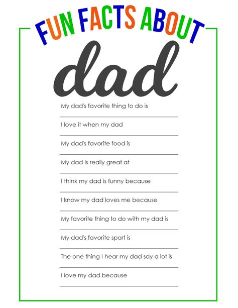 Fun Facts About Dad - Entertain dad on Father's day by filling out this fun questionnaire for Father's Day. He will love this idea! #fathersday #freeprintables Printables Organizational, Dad Printable, Fathers Day Art, Father's Day Activities, Father's Day Printable, Cadeau Parents, Dads Favorite, Diy Father's Day Gifts, Fathers Day Card