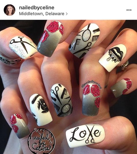 Cosmetology Nails Designs, Hair Stylist Nails, Cosmetology Tattoo Ideas, Hairstylist Nails Ideas, Barber Nails, Cosmetology Tattoos, Badass Nails, Coffen Nails, Barber Tattoo