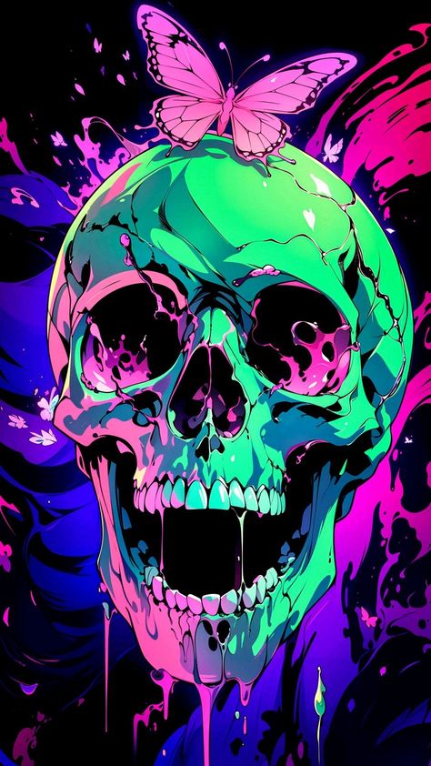 Aesthetic Wallpaper Art, Colorful Skull Art, Neon Skull, Arte Peculiar, Witchy Wallpaper, Art Animation, Skull Artwork, Skeleton Art, Wallpaper Animes