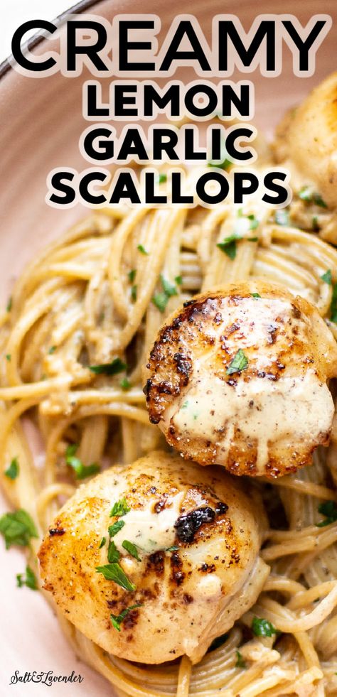 Dinner Ideas With Scallops, Shrimp And Scallops Pasta Recipes, Scallops And Chicken Recipe, Linguini And Scallops, Lemon Garlic Seafood Pasta, Creamy Scallop Pasta Recipe, Scallop And Noodle Recipes, Creamy Garlic Scallops Recipe, Creamy Garlic Seafood Pasta