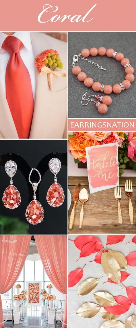 { Groom's attire via Lover.ly , Coral pearls bracelet and earrings set via EarringsNation , Coral Table Number Decor via HeyWedding... Wedding Colors Coral, Coral Wedding Themes, Coral Pantone, Coral Colour Palette, Coral Table, Groom's Attire, Number Decor, Wedding Color Palettes, 35th Wedding Anniversary