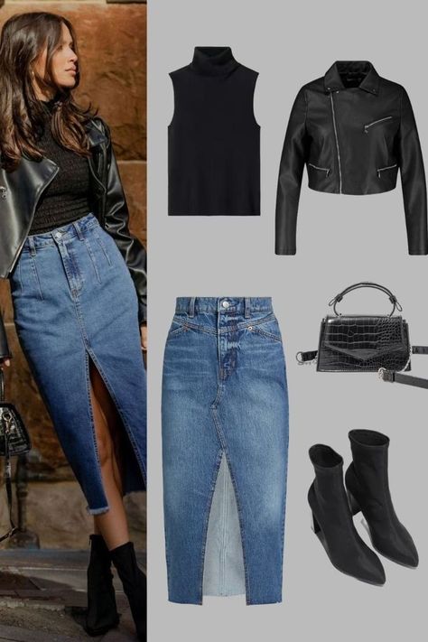 Black Printed Skirt Outfit, Denim Skirt With Leather Jacket, Denim Skirt With Boots Outfit, Winter Long Denim Skirt Outfit, Jean Skirt And Tights Outfit, Jean Skirt And Boots Outfit, Denim Skirt And Boots Outfit, Denim Skirt Fall Outfits, Skirt With Denim Jacket