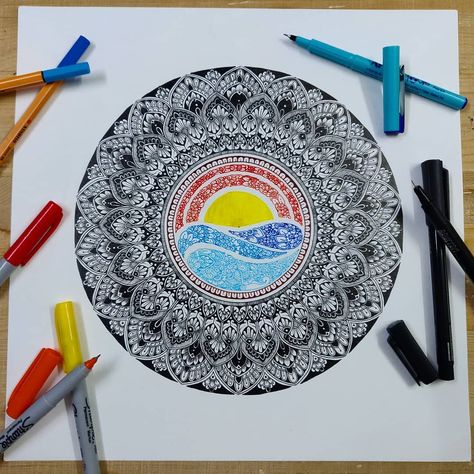 " My Sunset Mandala"  Getting back on track by creating some unusual mandala. I love making conceptual mandalas and to create something… Sunset Mandala, Getting Back On Track, Mandala Doodle, Create Something, Mandala Tattoo, Mandala Drawing, Back On Track, Mandala Pattern, Mandala Design