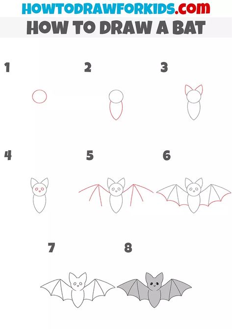 How to Draw a Bat Step by Step - Easy Drawing Tutorial For Kids How To Draw A Bat Step By Step, How To Draw A Bat Easy, How To Draw A Bat, Easy How To Draw, Insect Doodles, Sketching Prompts, Procreate Practice, Draw A Bat, Bat Outline