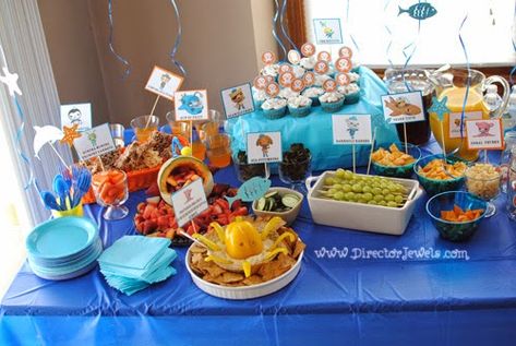 Octonauts Food Ideas, Octonauts Birthday Party Food, Party Food Table Ideas, Party Food Signs, Healthy Party Snacks, Octonauts Birthday Party, Dolphin Party, Octonauts Party, Bubble Guppies Party