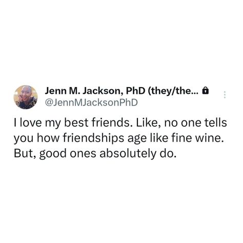 This is a bestie appreciation post. @champagnejordie @amberblossoming @profbhenson @insta_kia @alkmcarey You complete me 💜 Tweet grab: I love my best friends. Like, no one tells you how friendships age like fine wine. But, good ones absolutely do. Bestie Appreciation Posts, Appreciation Post For Best Friend, Best Friend Appreciation Post, Bestie Appreciation, Best Friend Quotes Meaningful, Quotes Meaningful, Love My Best Friend, You Complete Me, Like Fine Wine