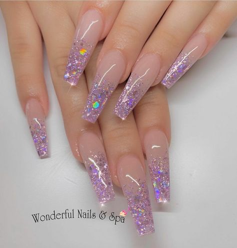 Ombre Sparkle Nails Coffin, Glittery Nail Inspo Acrylic, Lavender Glitter Nails Acrylic, Faded Sparkle Nails, Lavender Nails With Bling, Acrylic Nail Designs Encapsulated, Ombre Nail Glitter, Lilac Nails With Rhinestones, Sparkle Acrylic Nail Designs