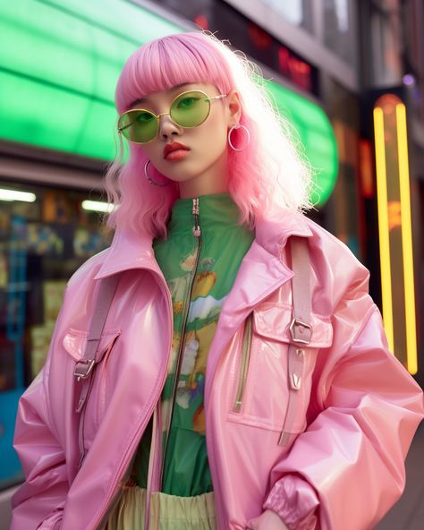 pink jacket in the style of y2k aesthetic, neon pop, vintage Bubblegum Punk Fashion, Pink Cyberpunk Outfit, Drag Couture, Artist Sona, Winx Club Moodboard, Neon Costume, Look Alive Sunshine, Neon Y2k, Cyberpunk Outfit