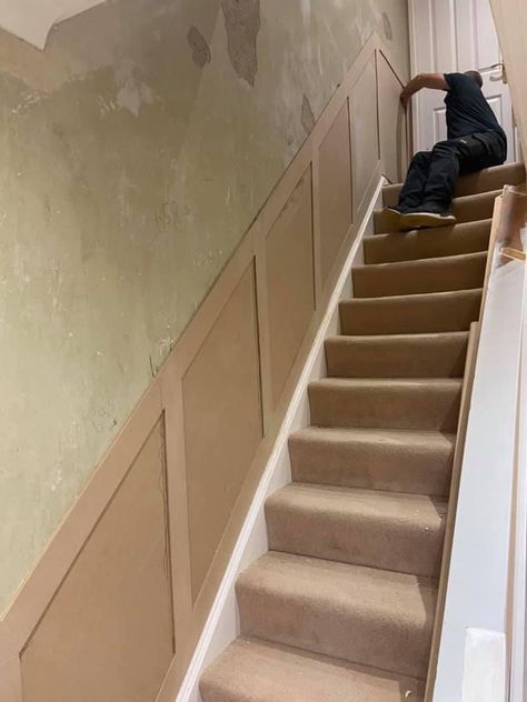 Wall Paneling Ideas Hallway Stairs, Hall Stairs And Landing Decor Panelling, Half Wall Panelling Stairs, Diy Stairs Panelling, Narrow Panelled Hallway, Stair Cladding Ideas, Wall Pannel Ideas Staircase, Panelled Walls On Stairs, Half Wall Paneling Ideas Stairs