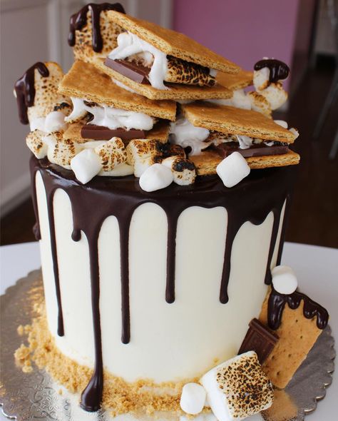 S’more Cake Ideas, Giant Smore Cake, Campfire Cake Ideas, Smore Love Adoption Party, S'mores Birthday Cake, Camping Themed Cake Ideas, Cakes And Treats, S’mores Cake Birthday, S’mores Wedding Cake