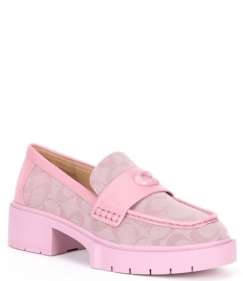 Coach Leah Loafer, Coach Pink Loafers, Pink Loafers Outfit, Embroidery Sandals, Pink Loafers, Floral Umbrellas, Coach Loafers, Heel Loafers, Block Heel Loafers