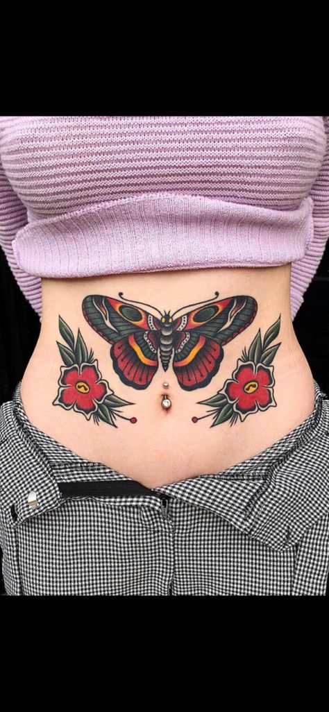 American Traditional Belly Tattoo, American Traditional Insects, Trad Collar Bone Tattoo, Traditional Lower Stomach Tattoo, American Trad Stomach Tattoo, Collar Bone Tattoo American Traditional, Sternum Traditional Tattoo, Trad Chest Tattoo Female, Octopus Sternum Tattoo