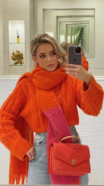 Winter Orange Outfit, Ella Ravenscroft, Orange Top Outfit, Leo Style, Winter Orange, Autumn Capsule Wardrobe, 2piece Outfits, Woman Sweater, Orange Outfit