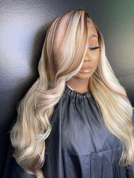 Pink Brown Blonde Wig, Ash Blonde Wig With Highlights, Ash Blonde Pink Hair, Ash Blonde And Pink Hair, Ash Blonde With Pink Highlights, Brown Pink And Blonde Hair, Blonde Curly Wig Black Women, Brown And Pink Wig, Pink And Blonde Hair Black Women