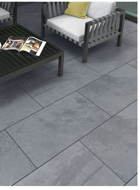 Paving Slabs Ideas, Grey Slate Tile, Slate Effect Tiles, Outdoor Patio Pavers, Garden Slabs, Slate Paving, Grey Paving, Terrace Tiles, Slate Patio