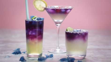 Recipe with video instructions: Magical colour changing cocktails!  Ingredients: Magic Ice:, 4 blue pea flower tea bags, 500ml boiling water, Lemon Ice:, 100ml lemon juice, 100ml water, Colour... Colourful Cocktails Drink Recipes, Colour Changing Cocktails, Butterfly Pea Cocktail Recipe, Butterfly Pea Flower Gin Cocktail, Butterfly Pea Flower Cocktail, Blue Pea Flower, Pea Flower Tea, Infused Tequila, Flower Recipe