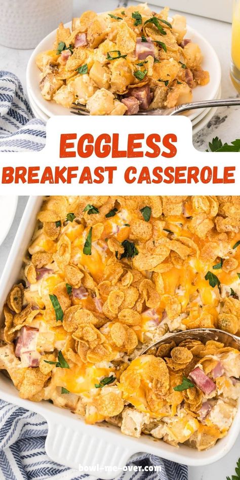 Egg-free simple and delicious! This easy casserole is perfect for breakfast, brunch or dinner. Great for Easter Brunch, Christmas morning or an easy weeknight meal with ingredients you already have on-hand! No Egg Christmas Breakfast Ideas, Eggless Christmas Breakfast Ideas, Eggless Breakfast Casserole Egg Free, Eggless Hashbrown Casserole, Christmas Breakfast No Eggs, Easy Eggless Breakfast Ideas, No Egg Breakfast Casserole, Egg Free Breakfast Casserole, Breakfast Casserole No Eggs