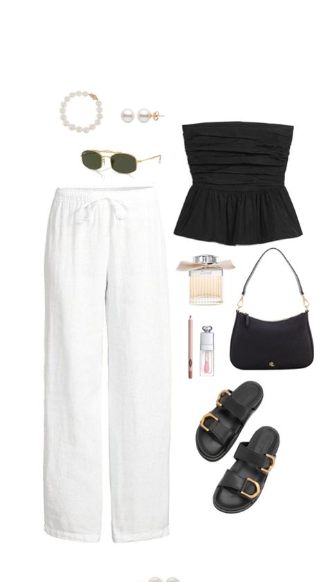 Summer linen pants outfit, fashion inspiration, fit inspo, pearls jewells, sleeveless top, black sandals, accessories Black Strapless Top Outfit, Black Flowy Pants Outfit, Black And White Summer Outfits, Black Linen Pants Outfit, Minimalist Fits, Strapless Top Outfit, Flowy Pants Outfit, Long Tube Top, Summer Linen Pants