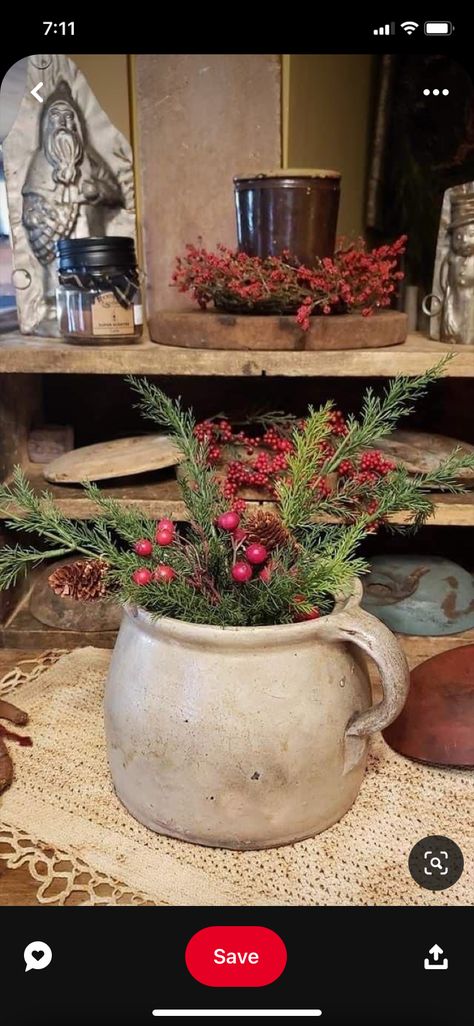 Prim Christmas Farmhouse, Prim Christmas Rustic, Primitive Christmas Centerpieces, 20 Gallon Crock Decorating Ideas, Christmas Crock Decorating Ideas, Antique Crocks Decor Ideas, Autumn Porch Ideas, Crock Ideas, Crock Decor