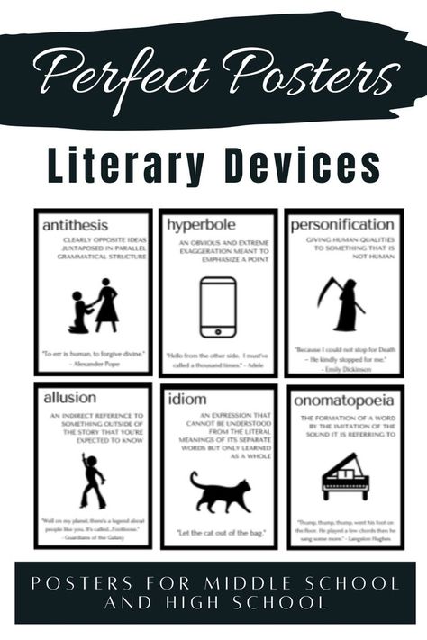 30 fresh and bold posters that perfectly depict 29 different literary terms. The simple and modern design of these posters is geared toward middle and high school. No cutesy graphics here! This product includes posters to define most literary devices and if these do not suit your classroom, please check out ALL of my collections for "Perfect Posters" including metaphors, similies, alliteration, personification, paradox and many more! Literature Posters Classroom, 21st Century Literature Poster, Literary Terms Middle School, Literary Devices Posters, Literature Posters, Poetic Devices, English Classroom Decor, Literary Terms, Literary Posters