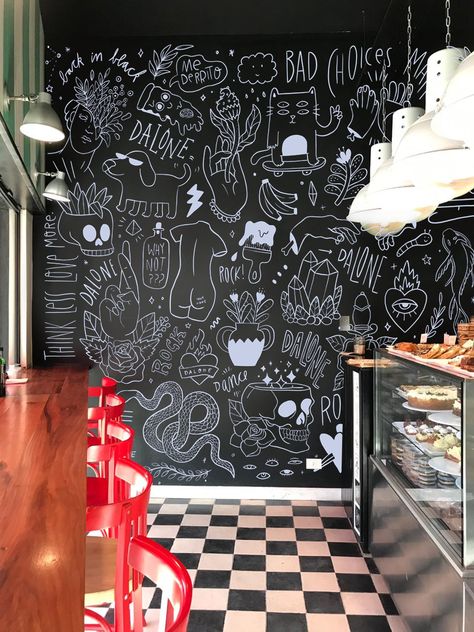 Restaurant Chalkboard Ideas, Chalkboard Mural, Mural Tattoo, Rock Baby Clothes, Local Bakery, Cute Coffee Shop, Chalk Wall, Party Room, Funny Tattoos