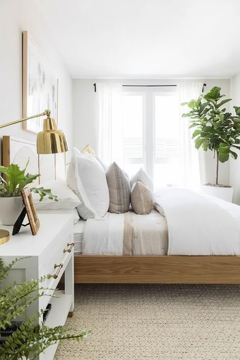 Bedroom features a wood and cane bed over a cream jute rug and a white and gold nightstand lit by a polished brass swing arm lamp. Cozy Bedroom Design, Cottage Bedroom, White Sheets, Interior Modern, Master Bedrooms Decor, White Bedroom, Room Inspiration Bedroom, White Bedding, Bedroom Styles