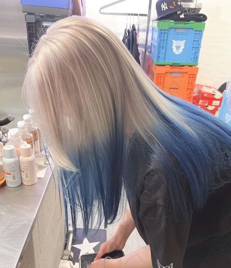 Blonde And Denim Blue Hair, White And Blue Hair Aesthetic, Blue And Blonde Hair Ideas, Blue And White Hair Aesthetic, White Hair Blue Tips, White To Blue Hair, White And Blue Hair Color, Blonde And Dark Blue Hair, Blonde Hair Colored Highlights