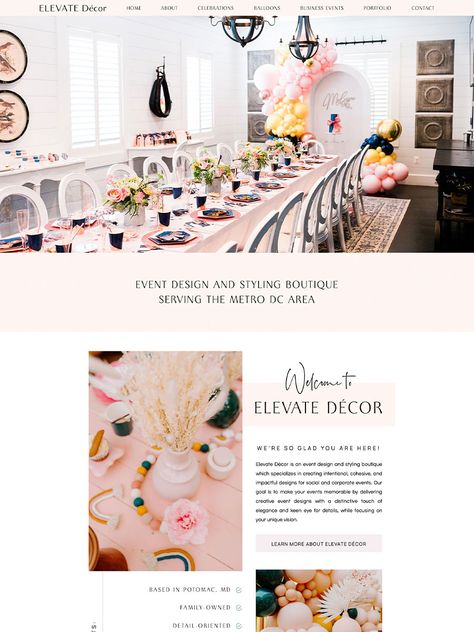 Elevate Décor - Event Planning Business Website Design Planning Business, Modern Party, Business Website Design, Event Planning Business, Custom Balloons, Showit Website, Business Website, Design Process, Website Template