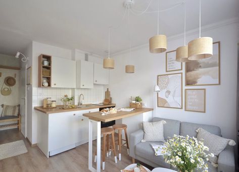 Cozy Small Studio Apartment, 20sqm House Design, 1 Person Apartment, Tiny Kitchen Living Room Combo, Small Kitchen Living Room, Studio Apartment Kitchen, Small Apartment Layout, Cozy Studio Apartment, Open Plan Apartment