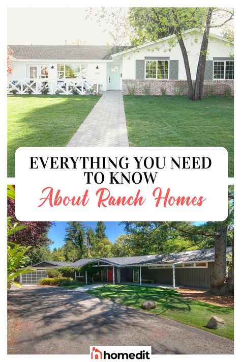 When you hear the word “Ranch” it’s common to think of a salad dressing or a farm full of roaming cows and cowboys. However even though we’re discussing the ranch house style, all three evoke feelings of home and familiarity. Updated Ranch Style Homes, Ranch Style House Interior Makeover, 60s Ranch Style Homes, Long Ranch House Exterior, 1970 Ranch House, Ranch House Porch, Ranch Home Interior Design, 1970 Ranch House Exterior Update, White Ranch Style House