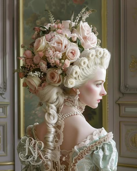 Rococo Hairstyles, Marie Antoinette Aesthetic, Rococo Aesthetic, Victorian Era Dresses, Rococo Fashion, 18th Century Costume, Victorian Flowers, Hair Adornments, Royal Outfits