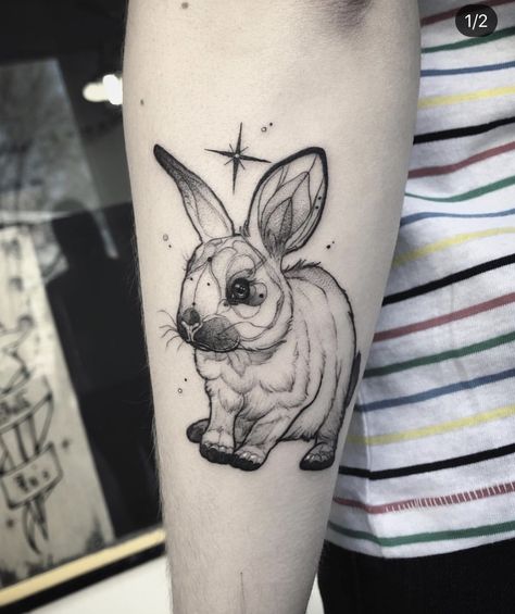 Leg Tattoos Animals, Black And Grey Animal Tattoos, Lucky Rabbit Tattoo, Neotraditional Tattoo Black And Grey, Bunny Tattoo Design, Rabbit Tattoo Ideas, Tattoo With Stars, Rabbit Tattoo Design, Hare Tattoo