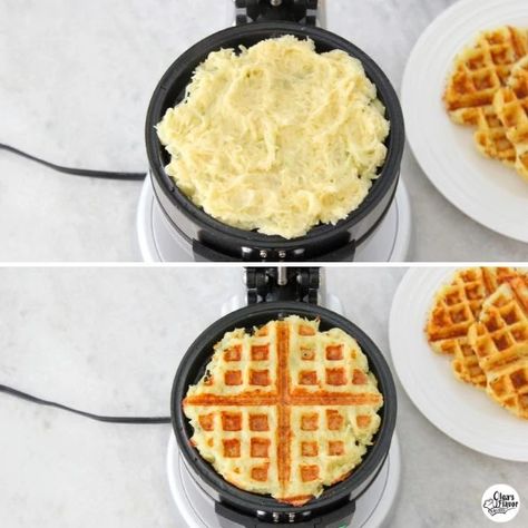 Potato Waffles - Olga's Flavor Factory Potato Waffle Recipe, Crispy Potato Pancakes, Low Carb Waffles, Waffle Iron Recipes, Potato Waffles, Savory Waffles, How To Make Potatoes, Pies Maker, Leftover Mashed Potatoes