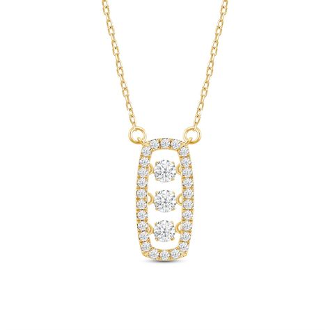 Let your unique style shine through the equally unique brilliance of this dancing diamond necklace. Its elongated oval pendant has an outline traced with white diamonds. The gap at the center features a trio of diamonds mounted in a way that it can move freely in accordance with the wearer's movement. This setting allows the diamonds to "dance" or sparkle with an intriguing and mesmerizing twinkle. Unique Diamond Pendant, Dancing Diamond, Diamond Pendent, Elongated Oval, Elongated Cushion, Gorgeous Engagement Ring, Unique Diamonds, Oval Pendant, Diamond Pendant Necklace