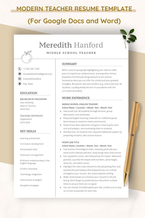 Resume Content, Creative Resumes, Nursing School Inspiration, Teaching Portfolio, Modern Teacher, High School Teachers, Bachelor Of Education, Education Resume, Resignation Letters